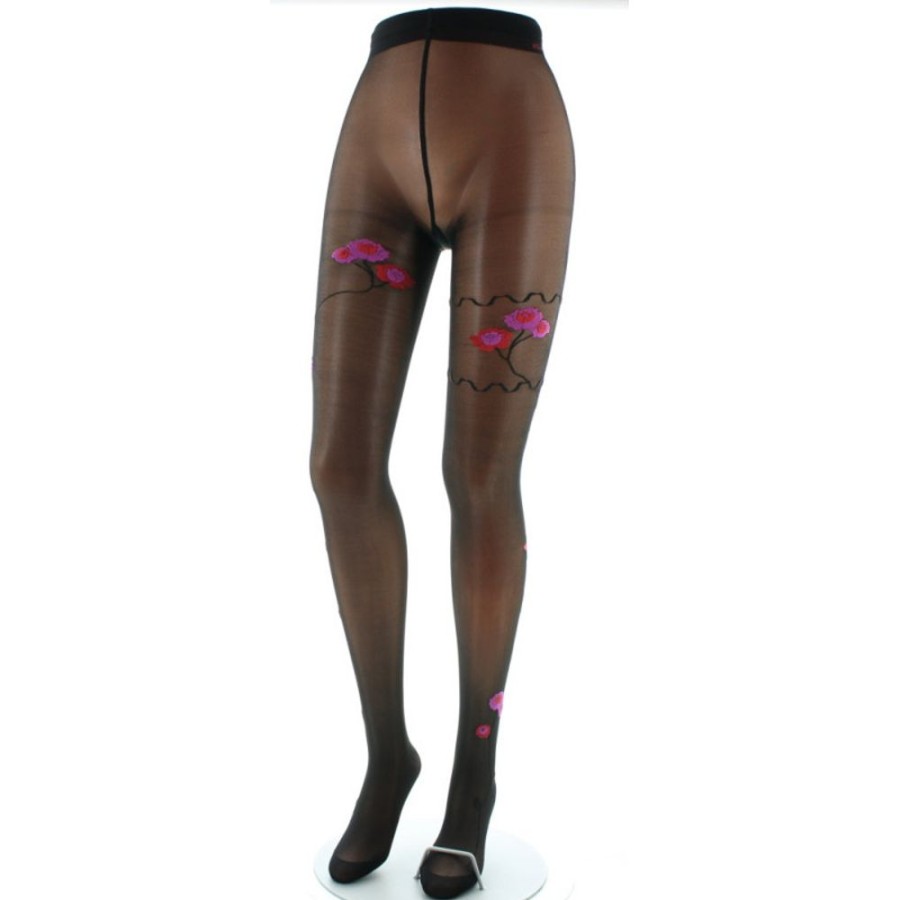 Femme BERTHE AUX GRANDS PIEDS Collants | Collants Fleurs Roses Et Rouges Fond Noir