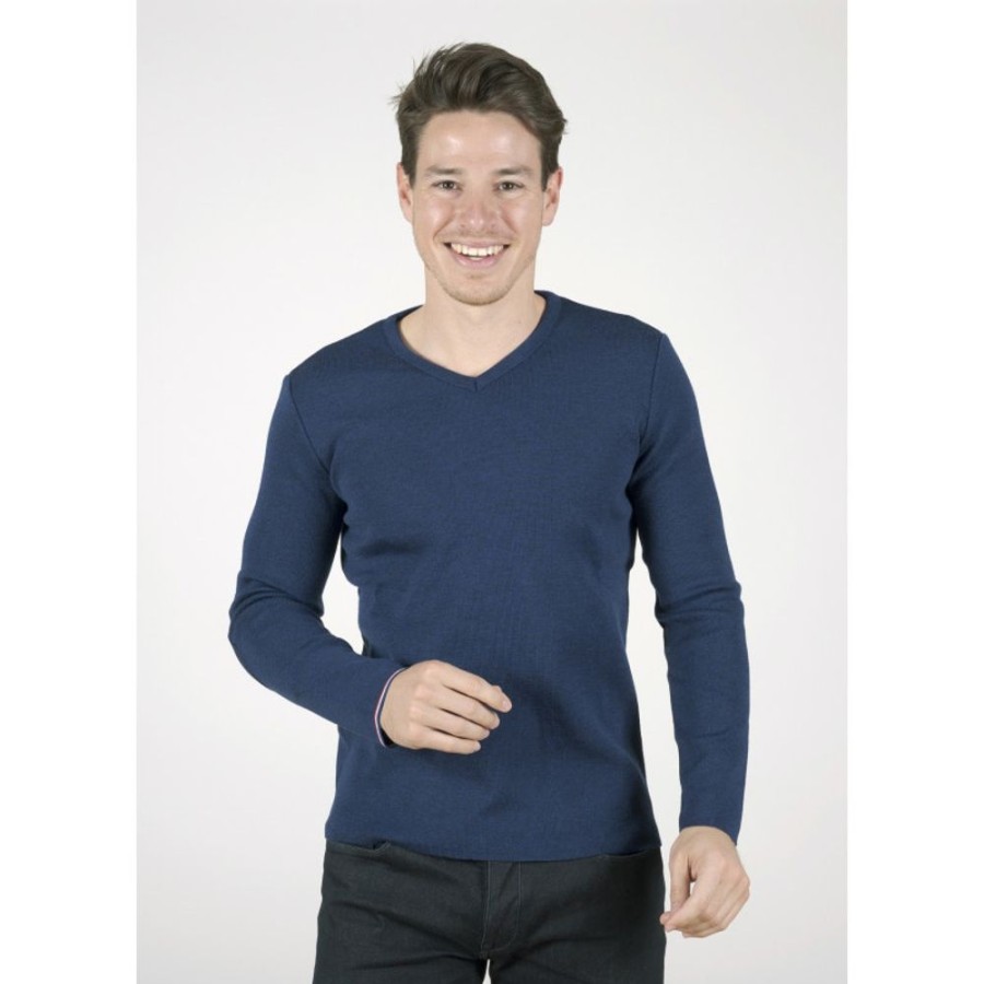 Homme BERTHE AUX GRANDS PIEDS Pulls | Pull Marin Homme Rayures Asymetriques Bleu Royal Col V