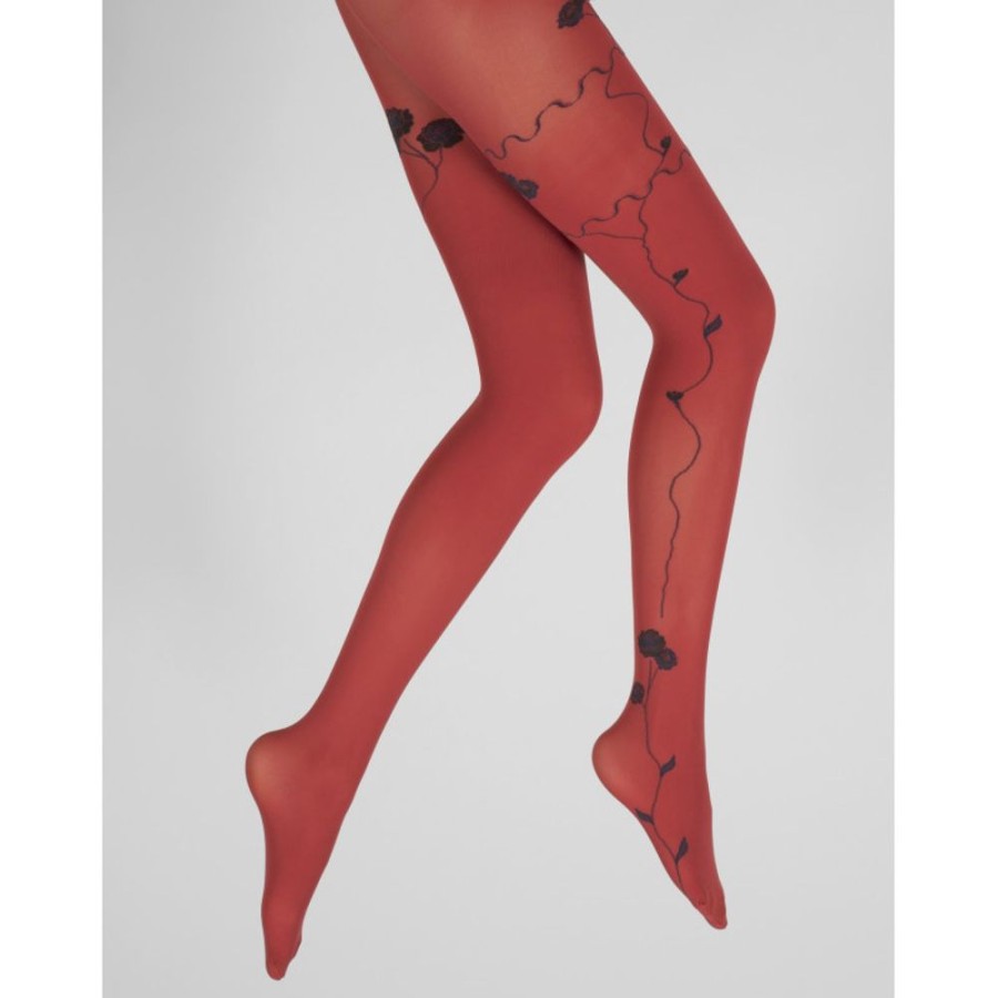 Femme BERTHE AUX GRANDS PIEDS Collants | Collants Rouge Semi-Opaque A Fleurs Noires Et Marine