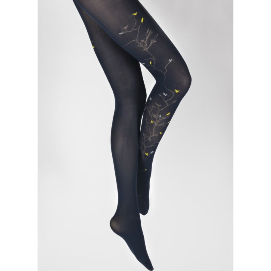 Femme BERTHE AUX GRANDS PIEDS Collants | Collants 40D Arbre Marine Et Oiseaux Jaunes