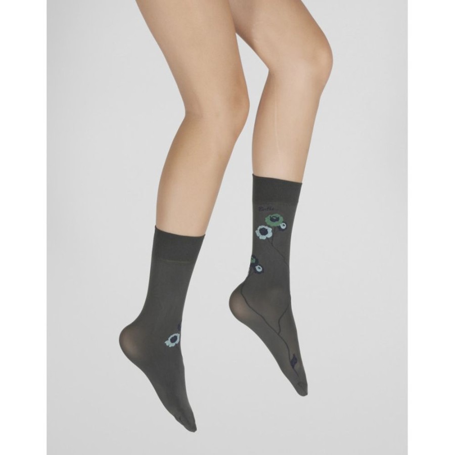 Femme BERTHE AUX GRANDS PIEDS Mi-Bas | Mi-Chaussettes 40D Kaki Fleurs Vertes Et Bleues