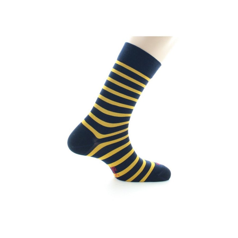 Homme BERTHE AUX GRANDS PIEDS Chaussettes | Chaussettes En Soie Bleu Marine A Rayures Jaune Moutarde