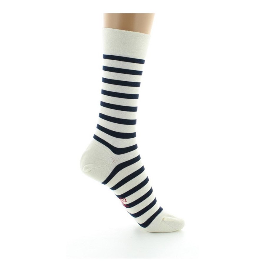 Femme BERTHE AUX GRANDS PIEDS Chaussettes | Chaussettes En Soie Ecru A Rayures Bleu Marine