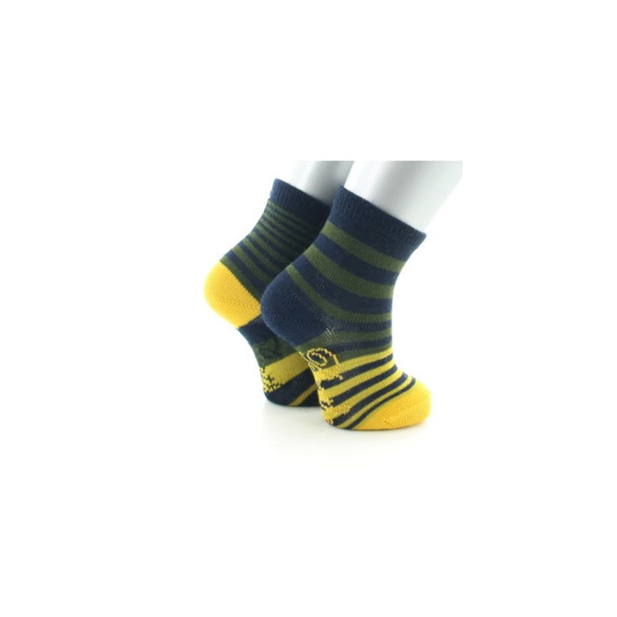 Homme BERTHE AUX GRANDS PIEDS Chaussettes | Chaussettes Enfant Laine Peignee Rayures Asymetriques Bleu Marine, Kaki Et Jaune