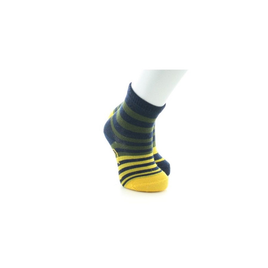 Homme BERTHE AUX GRANDS PIEDS Chaussettes | Chaussettes Enfant Laine Peignee Rayures Asymetriques Bleu Marine, Kaki Et Jaune