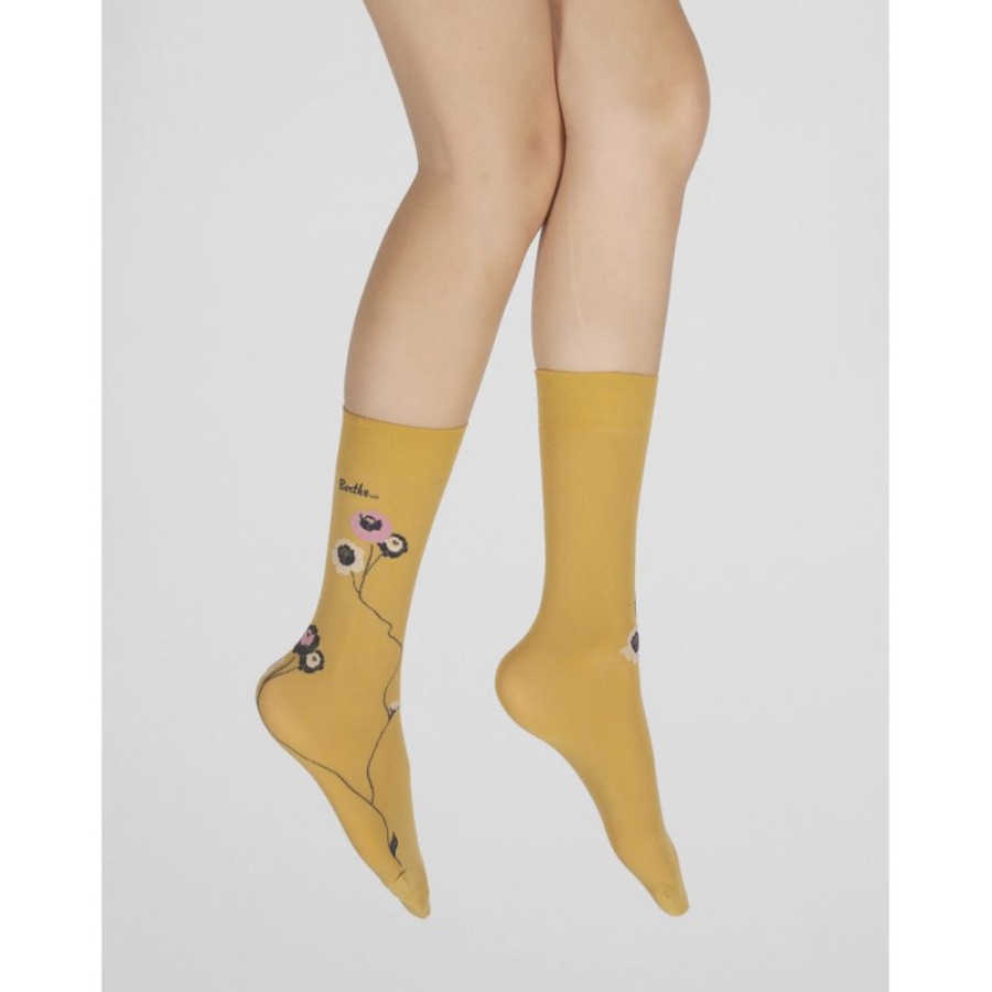 Femme BERTHE AUX GRANDS PIEDS Mi-Bas | Mi-Chaussettes 40D Ocre Fleurs Roses Et Beige