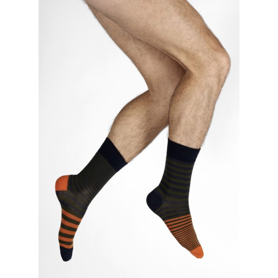 Homme BERTHE AUX GRANDS PIEDS Chaussettes | Chaussettes Homme Rayures Asymetriques Kaki Et Marine