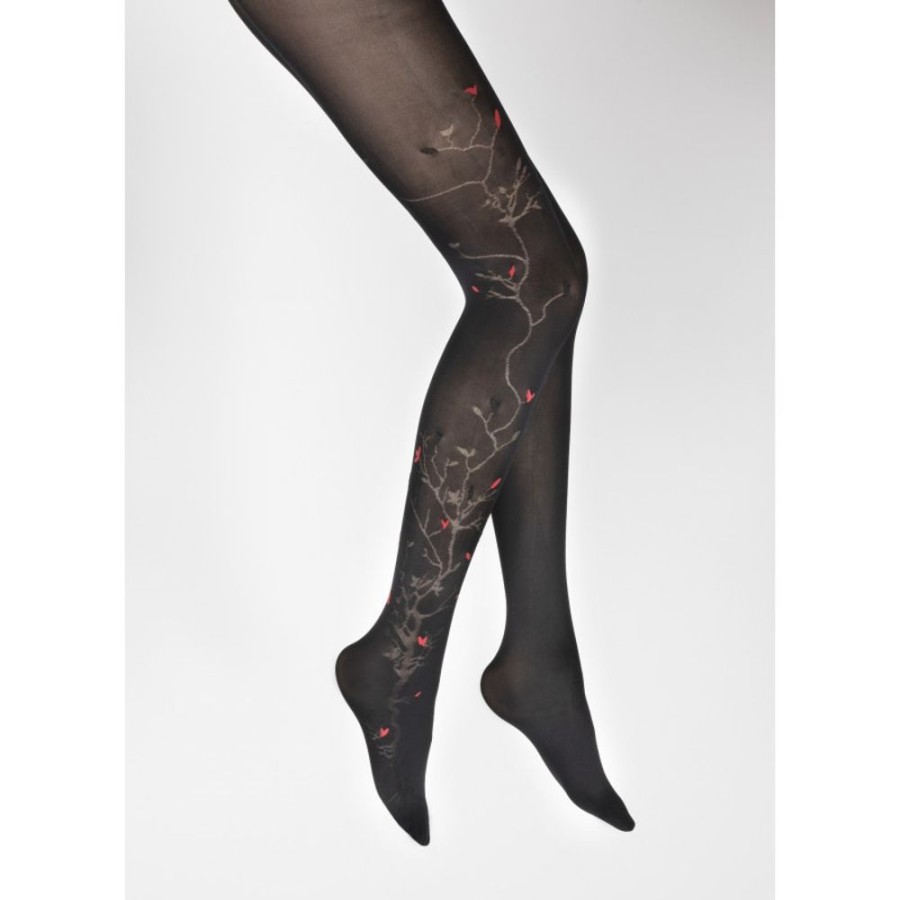 Femme BERTHE AUX GRANDS PIEDS Collants | Collants 40D Arbre Noir Et Oiseaux Rouges