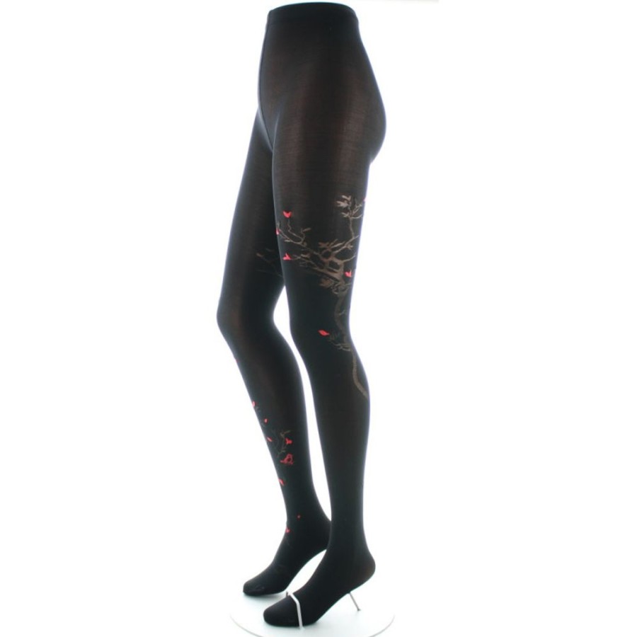 Femme BERTHE AUX GRANDS PIEDS Collants | Collants 40D Arbre Noir Et Oiseaux Rouges