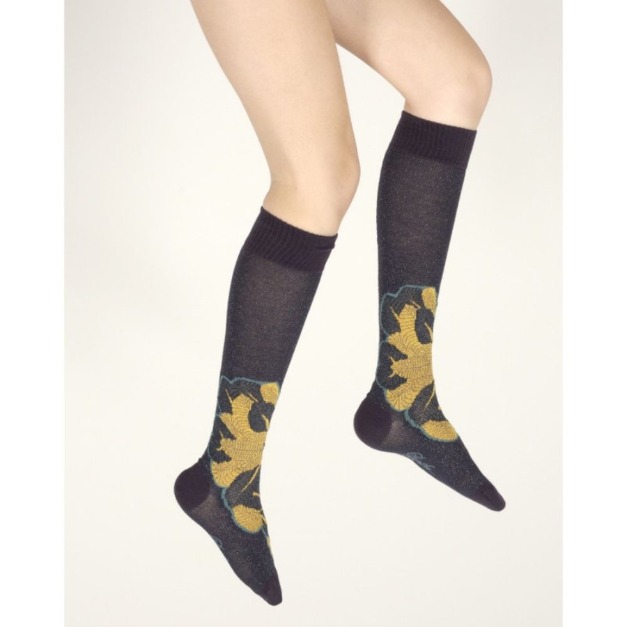 Femme BERTHE AUX GRANDS PIEDS Chaussettes Hautes | Chaussettes Hautes Femme Laine Peignee Feuilles D'Or