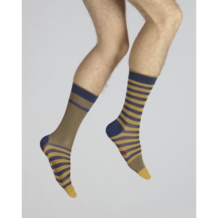 Homme BERTHE AUX GRANDS PIEDS Chaussettes | Chaussettes Rayees Asymetriques Marine Et Jaune