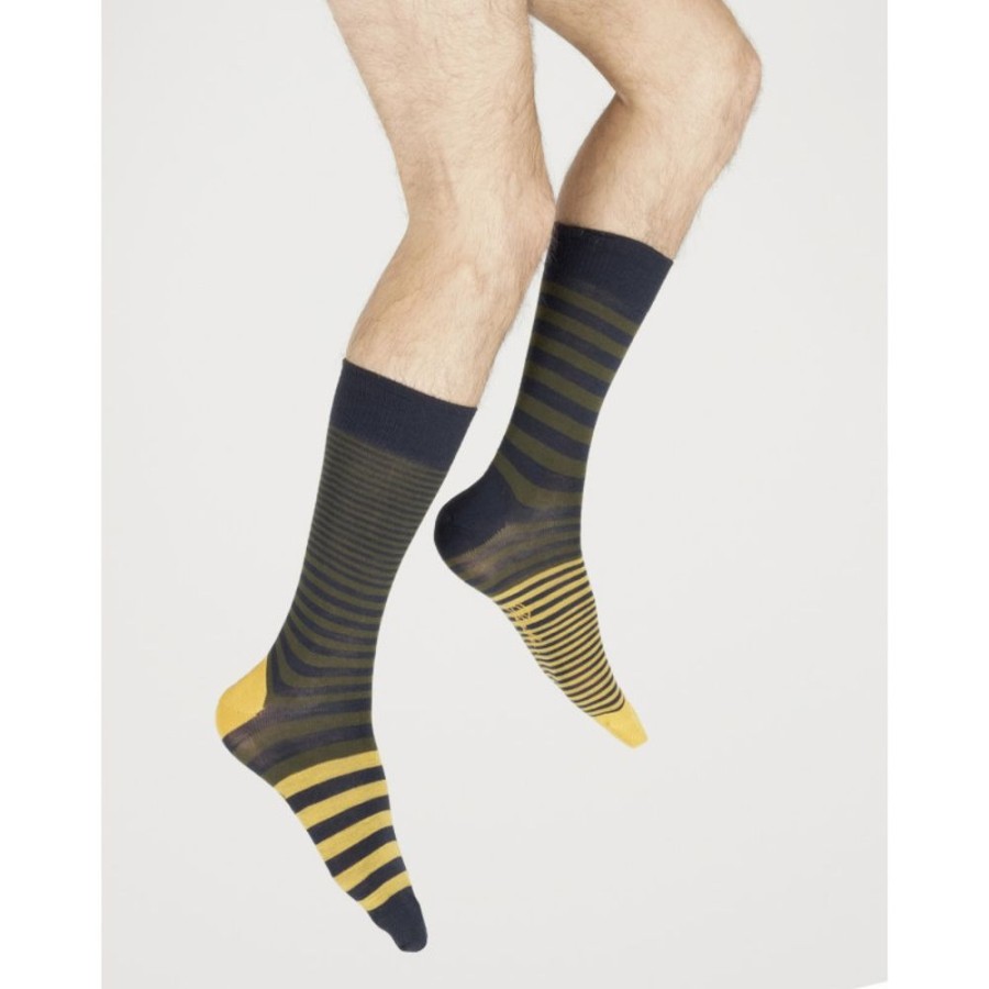 Homme BERTHE AUX GRANDS PIEDS Chaussettes | Chaussettes Homme Laine Peignee Rayures Asymetriques Bleu Marine, Kaki Et Jaune