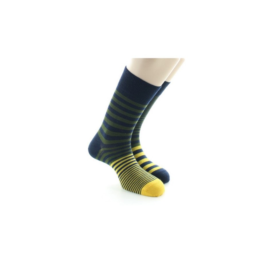 Homme BERTHE AUX GRANDS PIEDS Chaussettes | Chaussettes Homme Laine Peignee Rayures Asymetriques Bleu Marine, Kaki Et Jaune