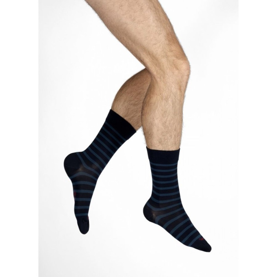 Homme BERTHE AUX GRANDS PIEDS Chaussettes | Chaussettes En Soie Bleu Marine A Rayures Bleu Nuit