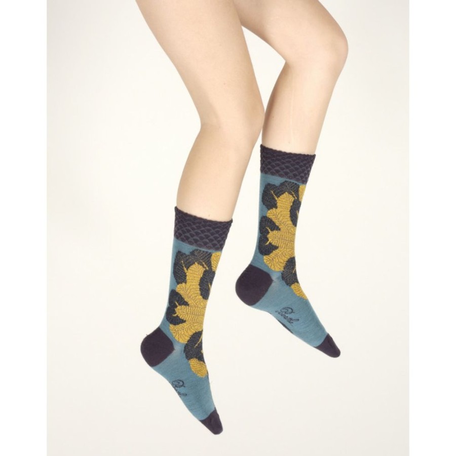 Femme BERTHE AUX GRANDS PIEDS Chaussettes | Chaussettes Femme Laine Peignee Feuilles D'Or