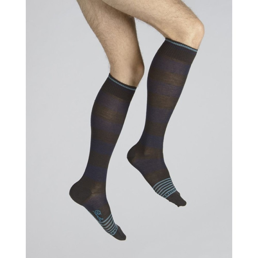 Homme BERTHE AUX GRANDS PIEDS Chaussettes Hautes | Chaussettes Hautes Grosses Rayures Marine Et Chocolat