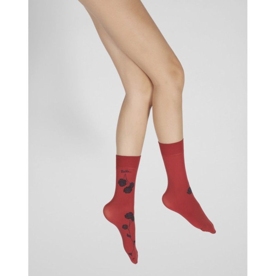 Femme BERTHE AUX GRANDS PIEDS Mi-Bas | Mi-Chaussettes 40D Rouge Fleurs Noires Et Marine