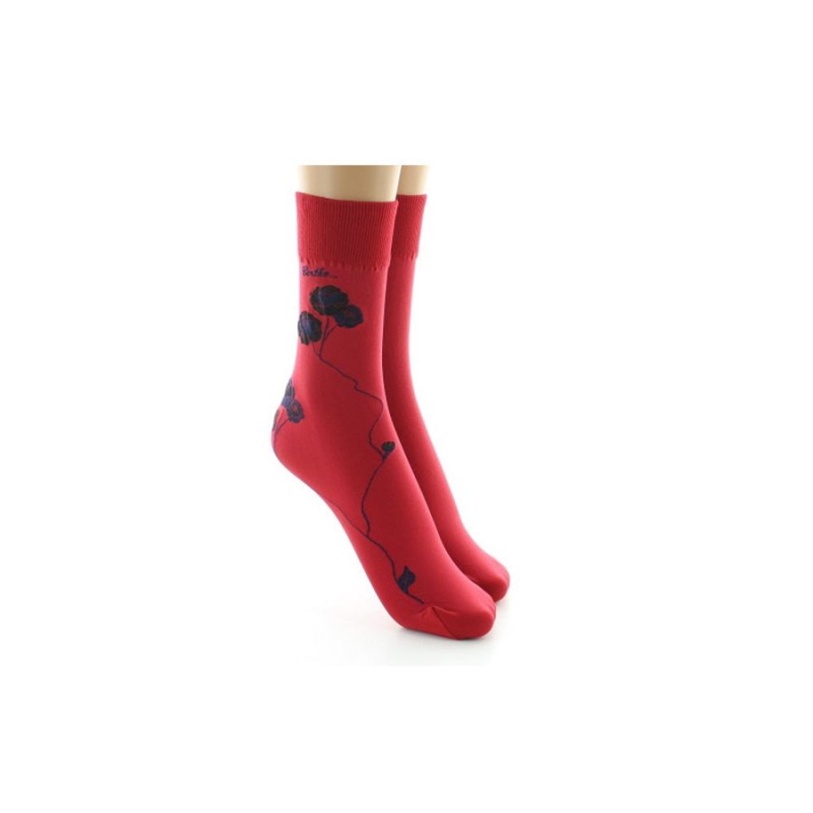 Femme BERTHE AUX GRANDS PIEDS Mi-Bas | Mi-Chaussettes 40D Rouge Fleurs Noires Et Marine