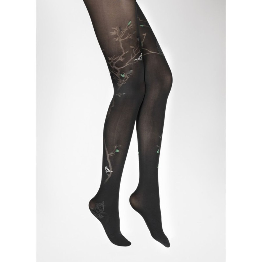 Femme BERTHE AUX GRANDS PIEDS Collants | Collants 40D Arbre Noir Et Oiseaux Verts