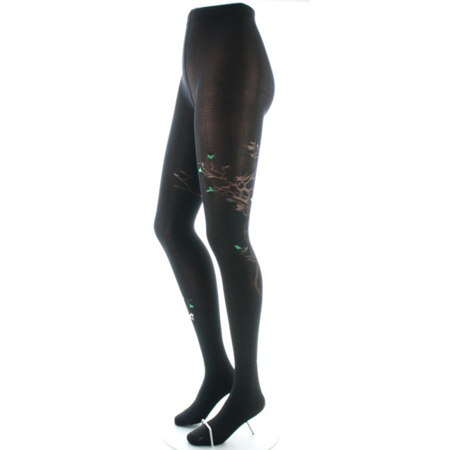 Femme BERTHE AUX GRANDS PIEDS Collants | Collants 40D Arbre Noir Et Oiseaux Verts