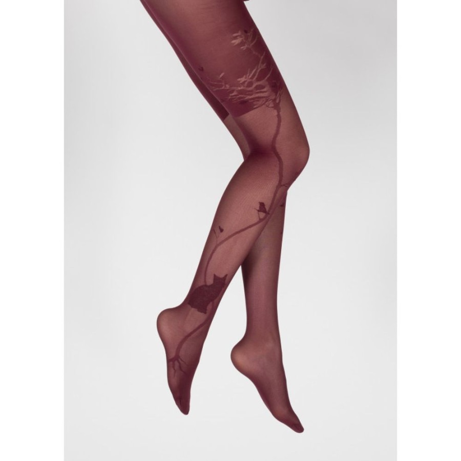 Femme BERTHE AUX GRANDS PIEDS Collants | Collants 40D Arbre Et Dentelle Bordeaux