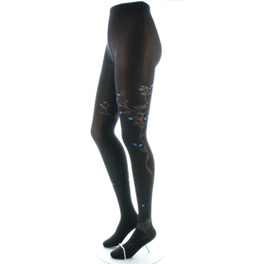 Femme BERTHE AUX GRANDS PIEDS Collants | Collants 40D Arbre Noir Et Oiseaux Bleus